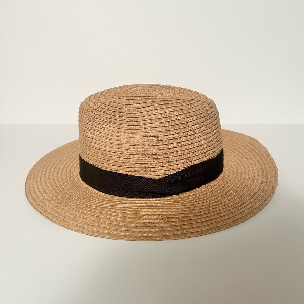 Women’s Straw Fedora Wide Brim Sun Hat with Black Ribbon Accent (NWOT)